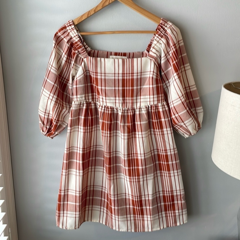 Monteau Los Angeles Plaid‎ Puff Sleeve Square Neck Baby Doll Dress